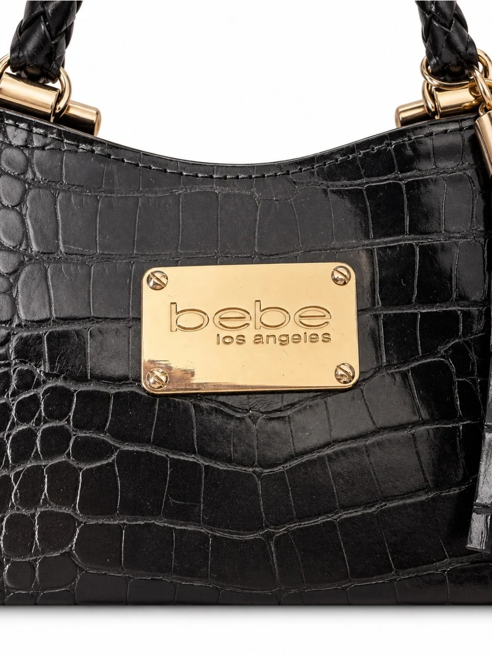 bebe Black Croc-Embossed Top Handle Satchel with Tassel